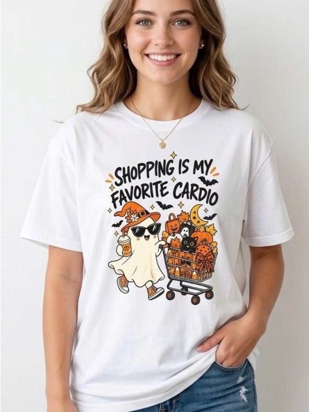 Shopping Is My Favorite Cardio Graphic Tee Cute Halloween Ghost White T-Shirt
